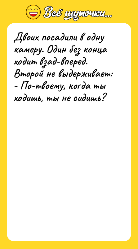 Шутка: Двоих посадили в одну камеру. Один без конца ходит взад-вперед. Второй не выдерживает:- По-твоему, когда ты ходишь, ты не сидишь?
