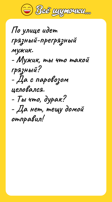 По улице идет грязный-прегрязный мужик. - Мужик, ты что такой