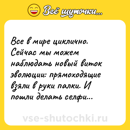 Шутка: Все в мире циклично. Сейчас мы можем наблюдать новый виток эволюции: прямоходящие взяли в руки палки. И пошли делать селфи...