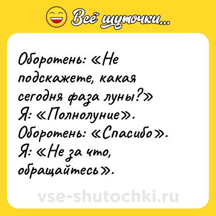 Шутка: Оборотень: «Не подскажете, какая сегодня фаза луны?» <br>Я: «Полнолуние». <br>Оборотень: «Спасибо». <br>Я: «Не за что, обращайтесь».