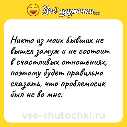 Шутка: Никто из моих бывших не вышел замуж и не состоит в счастливых отношениях, поэтому будет правильно сказать, что проблемосик был не во мне.
