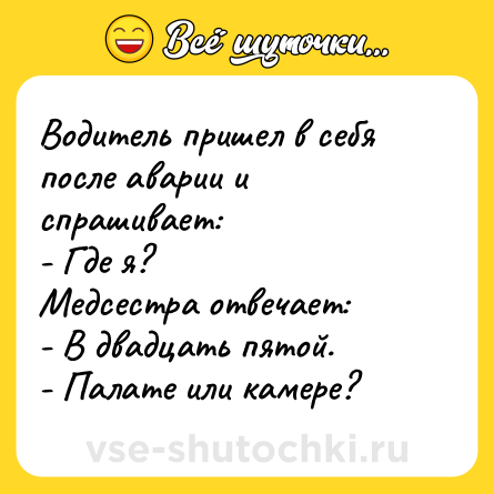 Шутка: Водитель пришел в себя после аварии и спрашивает: <br>- Где я? <br>Медсестра отвечает: <br>- В двадцать пятой. <br>- Палате или камере?