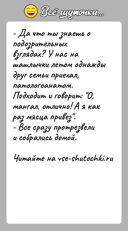 История: - Да что ты знаешь о подозрительных взглядах? У нас на шашлычки летом однажды друг семьи приехал, патологоанатом. Подходит и