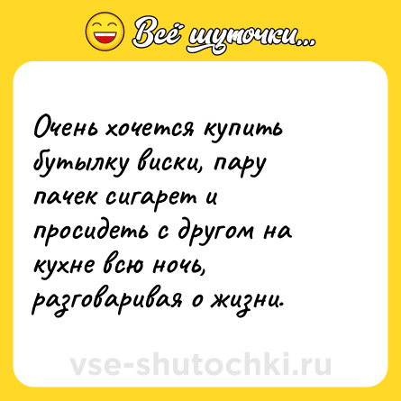 Шутка: Очень хочется купить бутылку виски, пару пачек сигарет и просидеть с другом на кухне всю ночь, разговаривая о жизни.