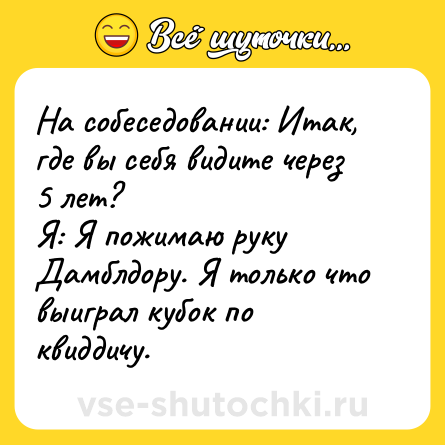 Шутка: На собеседовании: Итак, где вы себя видите через 5 лет?  <br>Я: Я пожимаю руку Дамблдору. Я только что выиграл кубок по квиддичу.