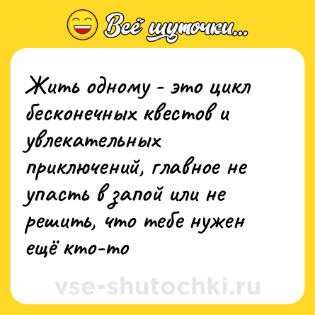 Шутка: Жить одному - это цикл бесконечных квестов и увлекательных приключений, главное не упасть в запой или не решить, что тебе нужен ещё кто-то