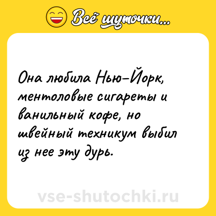 Шутка: Она любила Нью–Йорк, ментоловые сигареты и ванильный кофе, но швейный техникум выбил из нее эту дурь.