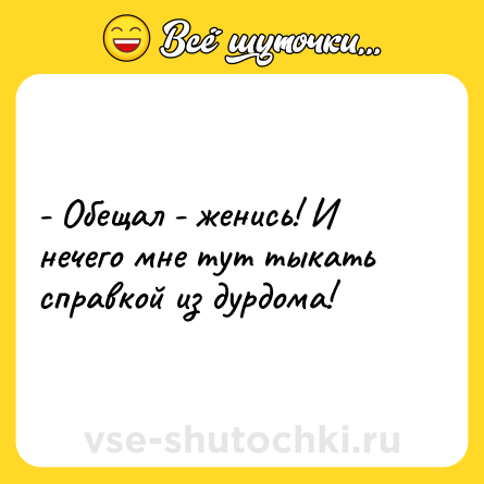Шутка: - Обещал - женись! И нечего мне тут тыкать справкой из дурдома!