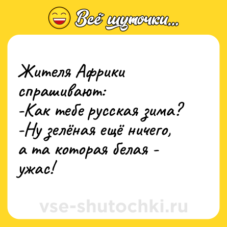Шутка: Жителя Африки спрашивают:<br>-Как тебе русская зима?<br>-Ну зелёная ещё ничего, а та которая белая - ужас!