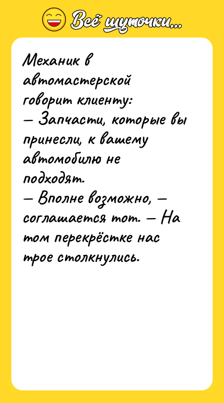 Механик в автомастерской говорит клиенту: — Запчасти, которые вы принесли,