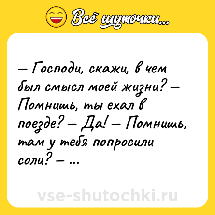 Шутка: — Господи, скажи, в чем был смысл моей жизни? — Помнишь, ты ехал в поезде? — Да! — Помнишь, там у тебя попросили соли? — Да! — Ну и вот.