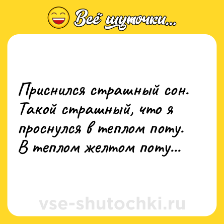 Шутка: Приснился страшный сон. Такой страшный, что я проснулся в теплом поту. В теплом желтом поту...