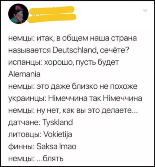 Мем про разные названия Германии - немцы: итак, в общем наша страна называется Deutschland, сечёте? испанцы: