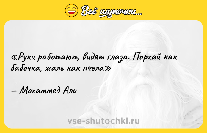 Цитата: Руки работают, видят глаза. Порхай как бабочка, жаль как пчелаМохаммед Али