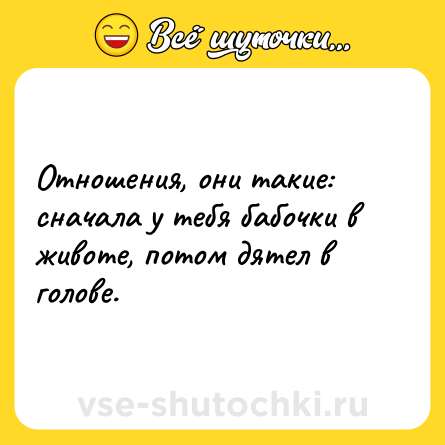 Шутка: Отношения, они такие: сначала у тебя бабочки в животе, потом дятел в голове.