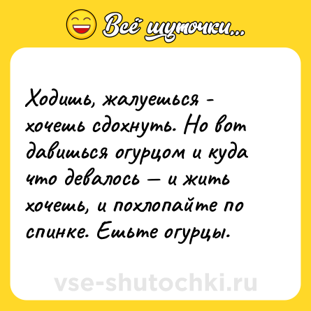 Шутка: Ходишь, жалуешься - хочешь сдохнуть. Но вот давишься огурцом и куда что девалось — и жить хочешь, и похлопайте по спинке. Ешьте огурцы.
