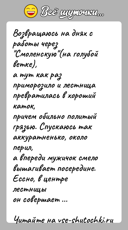 История: Возвращаюсь на днях с работы через Смоленскую (на голубой ветке),а тут как раз приморозило и лестница превратилась в хороший каток,причем обильно