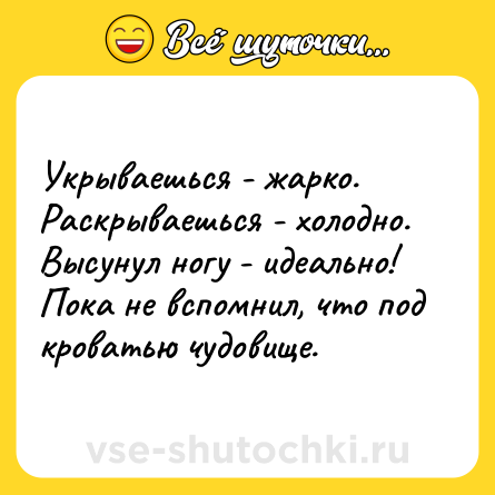 Шутка: Укрываешься - жарко. Раскрываешься - холодно. Высунул ногу - идеально! Пока не вспомнил, что под кроватью чудовище.
