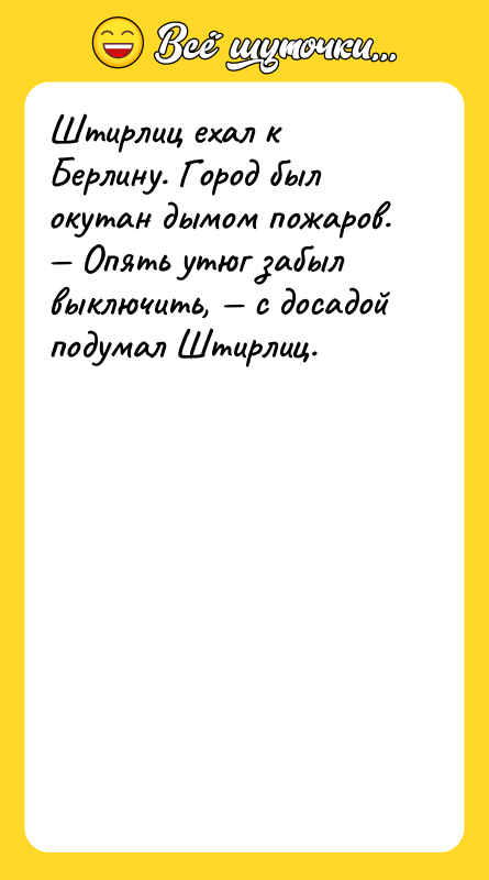 Штирлиц ехал к Берлину. Город был окутан дымом пожаров. —