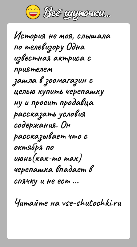 История: История не моя, слышала по телевизору Одна известная актриса с приятелемзашла в зоомагазин с целью купить черепашку ну и просит