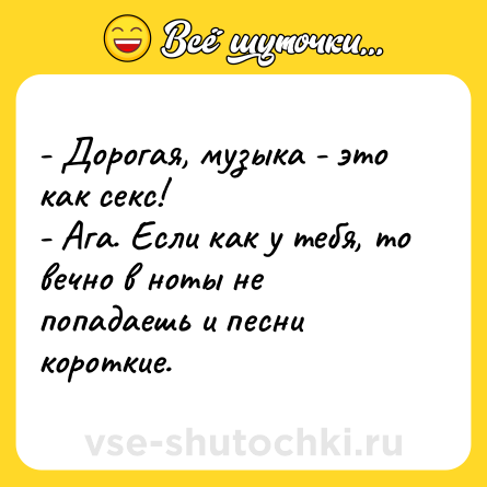 Шутка: - Дорогая, музыка - это как секс!<br>- Ага. Если как у тебя, то вечно в ноты не попадаешь и песни короткие.