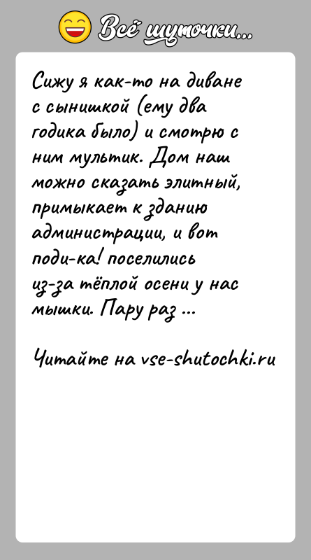 История: Сижу я как-то на диване с сынишкой (ему два годика было) и смотрю с ним мультик. Дом наш можно сказать
