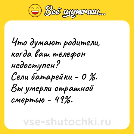 Шутка: Что думают родители, когда ваш телефон недоступен? <br>Сели батарейки - 0 %. <br>Вы умерли страшной смертью - 49%.