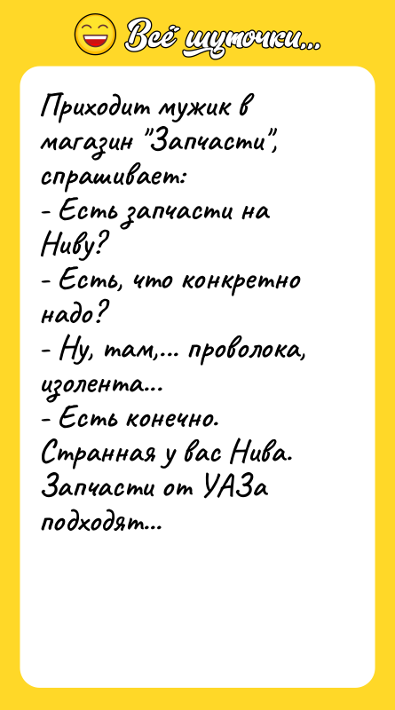 Приходит мужик в магазин Запчасти , спрашивает: - Есть