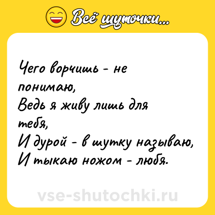 Шутка: Чего ворчишь - не понимаю,<br>Ведь я живу лишь для тебя,<br>И дурой - в шутку называю,<br>И тыкаю ножом - любя.