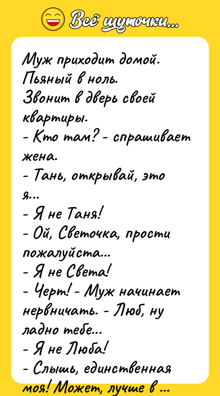 Муж приходит домой. Пьяный в ноль. Звонит в