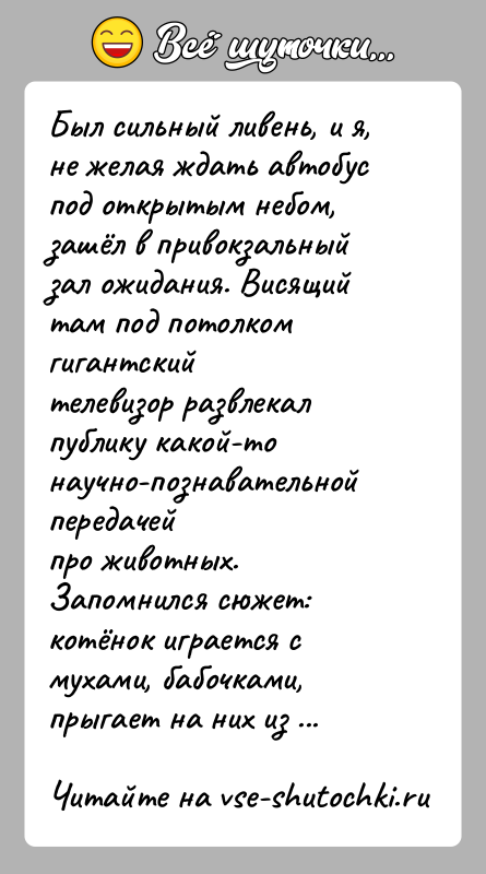 История: Был сильный ливень, и я, не желая ждать автобус под открытым небом,зашёл в привокзальный зал ожидания. Висящий там под потолком
