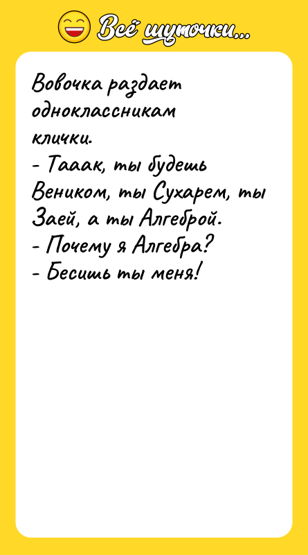 Вовочка раздает одноклассникам клички.  - Тааак, ты будешь Веником,