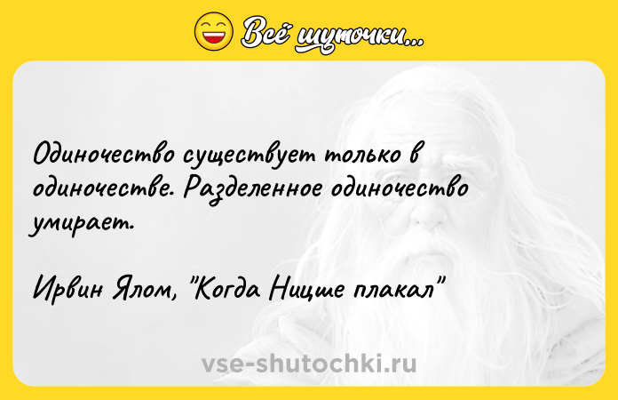 Цитата: Одиночество существует только в одиночестве. Разделенное одиночество умирает.Ирвин Ялом, Когда Ницше плакал