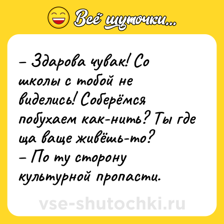 Шутка: – Здарова чувак! Со школы с тобой не виделись! Соберёмся побухаем как-нить? Ты где ща ваще живёшь-то?<br>– По ту сторону культурной пропасти.