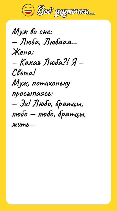 Муж во сне:<br/>— Люба, Любааа…<br/>Жена:<br/>— Какая Люба?! Я — Света!<br/>Муж,