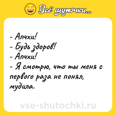Шутка: - Апчхи!<br>- Будь здоров!<br>- Апчхи!<br>- Я смотрю, что ты меня с первого раза не понял, мудила.