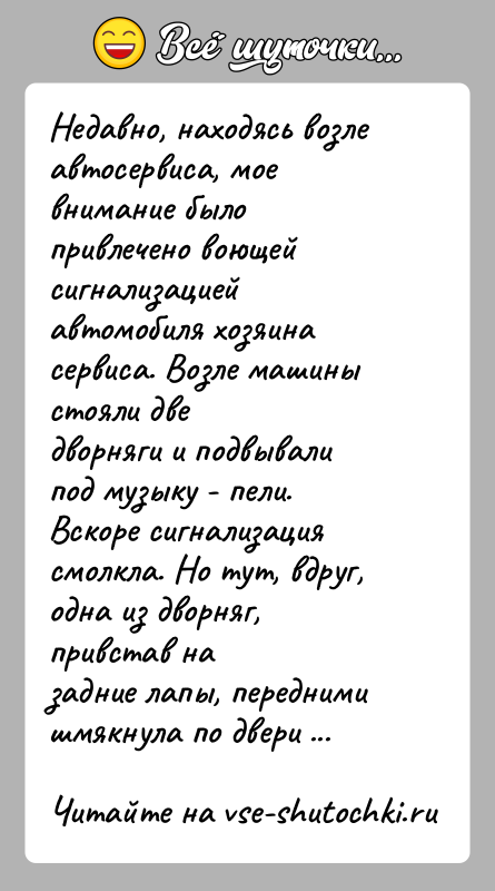 История: Недавно, находясь возле автосервиса, мое внимание было привлечено воющейсигнализацией автомобиля хозяина сервиса. Возле машины стояли дведворняги и подвывали под музыку