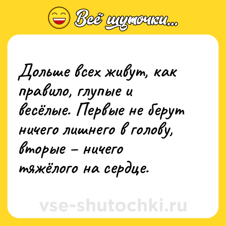 Шутка: Дольше всех живут, как правило, глупые и весёлые. Первые не берут ничего лишнего в голову, вторые – ничего тяжёлого на сердце.