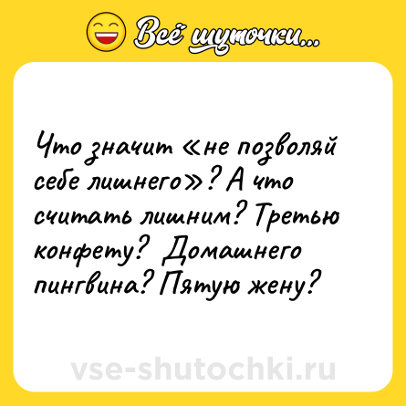 Шутка: Что значит «не позволяй себе лишнего»? А что считать лишним? Третью конфету?  Домашнего пингвина? Пятую жену?