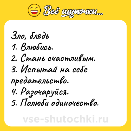Шутка: Зло, блядь<br>1. Влюбись.<br>2. Стань счастливым.<br>3. Испытай на себе предательство.<br>4. Разочаруйся.<br>5. Полюби одиночество.