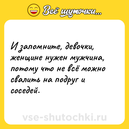 Шутка: И запомните, девочки, женщине нужен мужчина, потому что не всё можно свалить на подруг и соседей.