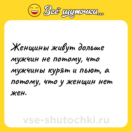 Шутка: Женщины живут дольше мужчин не потому, что мужчины курят и пьют, а потому, что у женщин нет жен.