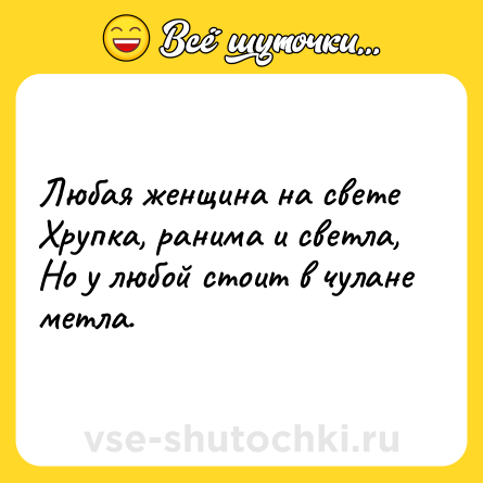 Шутка: Любая женщина на свете<br>Хрупка, ранима и светла,<br>Но у любой стоит в чулане<br>метла.
