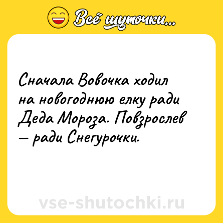 Шутка: Сначала Вовочка ходил на новогоднюю елку ради Деда Мороза. Повзрослев — ради Снегурочки.<br>