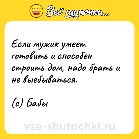 Шутка: Если мужик умеет готовить и способен строить дом, надо брать и не выебываться.<br><br>(с) Бабы