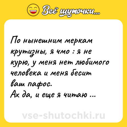 Шутка: По нынешним меркам крутизны, я чмо : я не курю, у меня нет любимого человека и меня бесит ваш пафос.<br>Ах да, и еще я читаю книги.