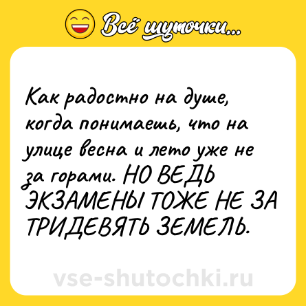 Шутка: Как радостно на душе, когда понимаешь, что на улице весна и лето уже не за горами. НО ВЕДЬ ЭКЗАМЕНЫ ТОЖЕ НЕ ЗА ТРИДЕВЯТЬ ЗЕМЕЛЬ.