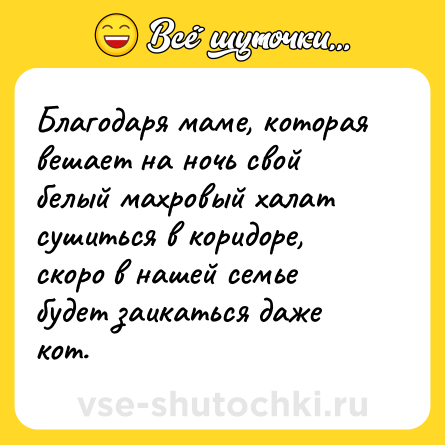 Шутка: Благодаря маме, которая вешает на ночь свой белый махровый халат сушиться в коридоре, скоро в нашей семье будет заикаться даже кот.