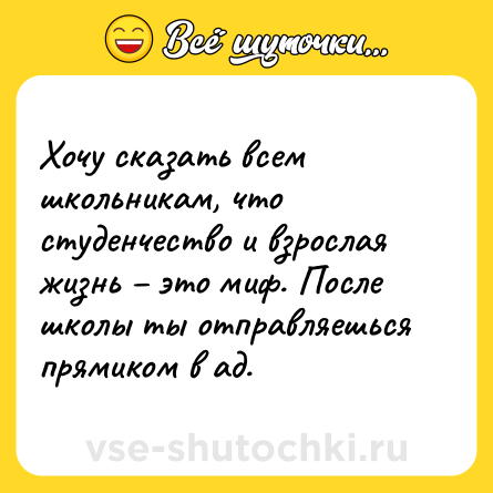 Шутка: Хочу сказать всем школьникам, что студенчество и взрослая жизнь – это миф. После школы ты отправляешься прямиком в ад.