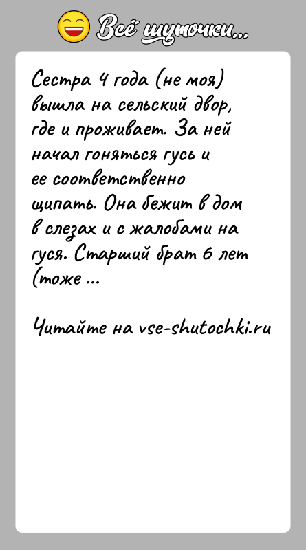 История: Сестра 4 года (не моя) вышла на сельский двор, где и проживает. За ней начал гоняться гусь и ее соответственно